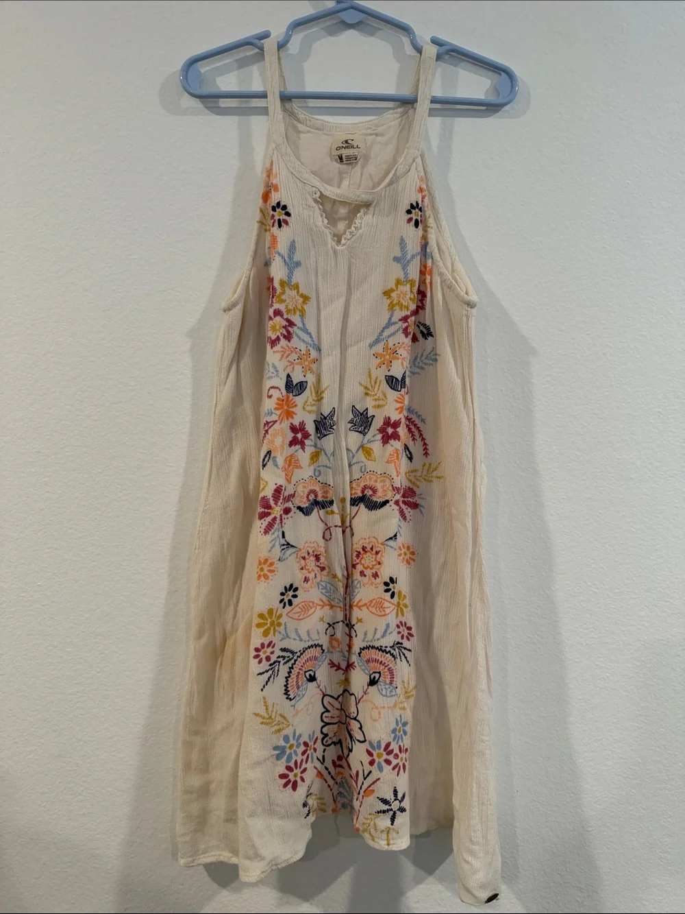 O'Neill Cream Mini Dress with Multicolor Floral Embroidery